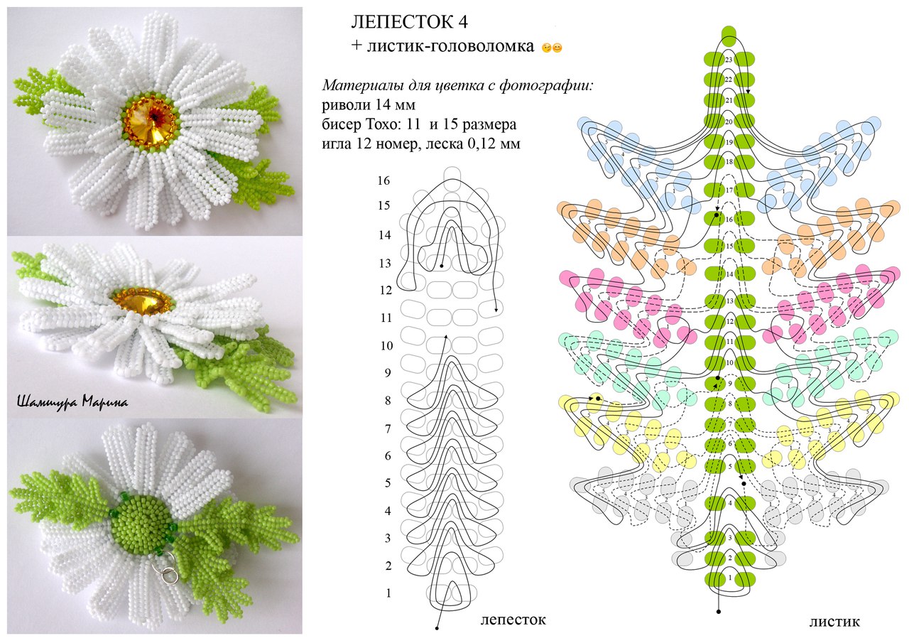 Как плести ромашки из бисера схемы