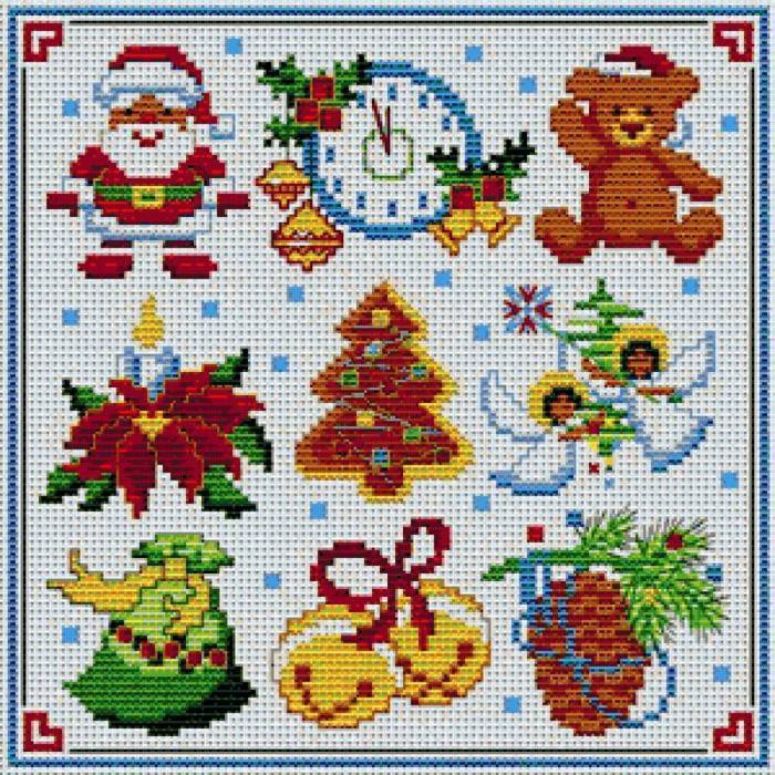 Схема новогодней вышивки крестом: миниатюры игрушек, маленький дед мороз в сапожках, мотивы 2021 скачать бесплатно