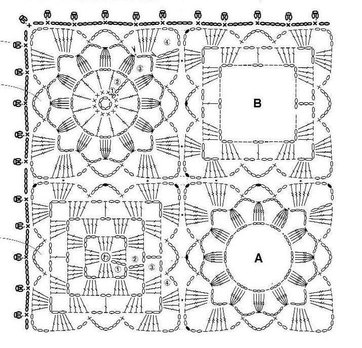 Вязаные квадраты крючком со схемами