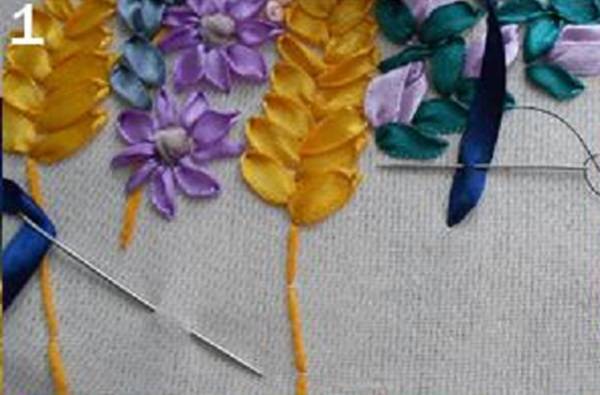 Простой и обвитый намёточный стежок или как вышивать лентами стебли цветов