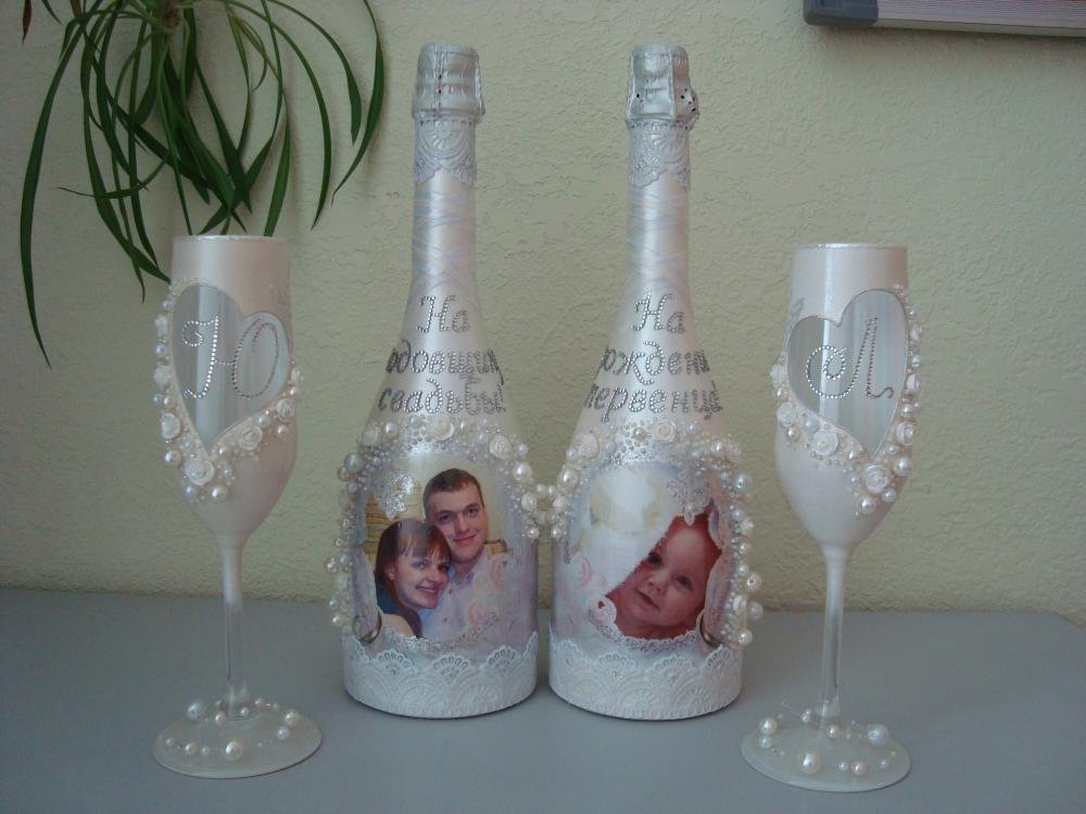 Декор бутылок шампанского на свадьбу: пошаговое оформление на фото