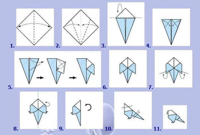 Оригами птица схема для начинающих