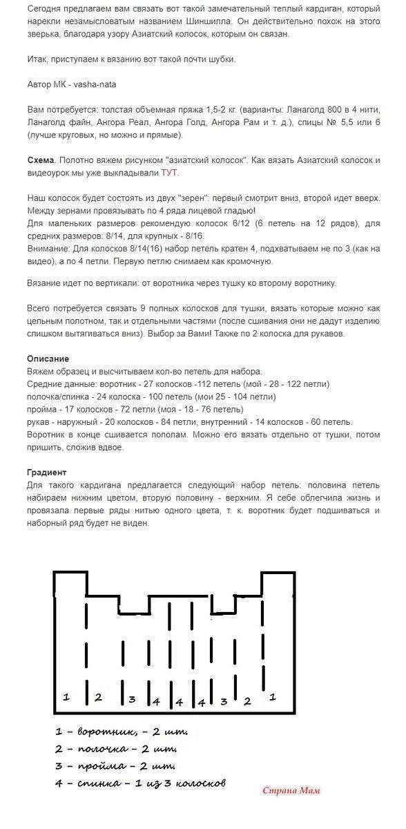 Азиатский колосок схема вязания кардигана спицами