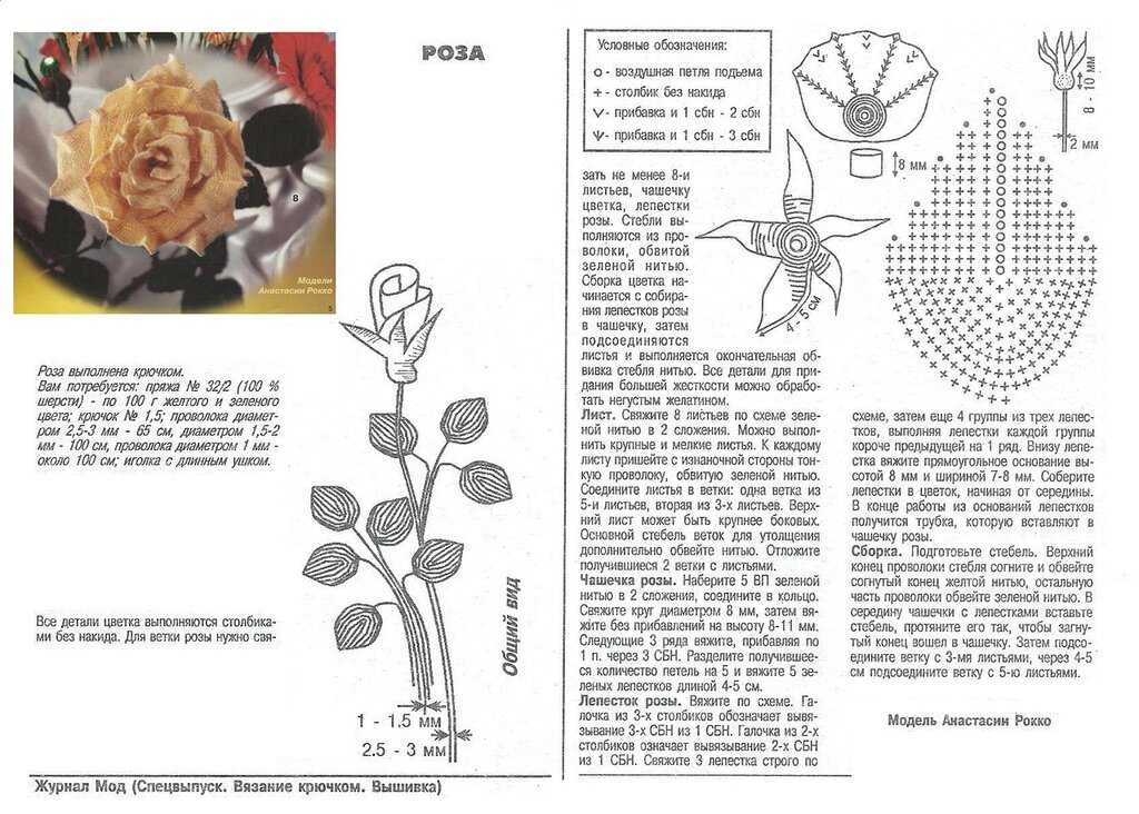 Розы крючком: 5 вариантов с листьями и чашечками