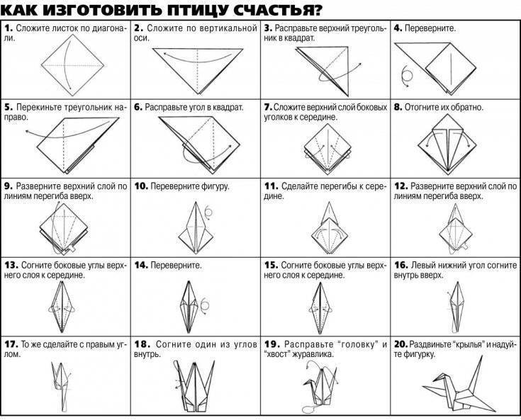 Журавль оригами, как сделать журавлика из бумаги - схема