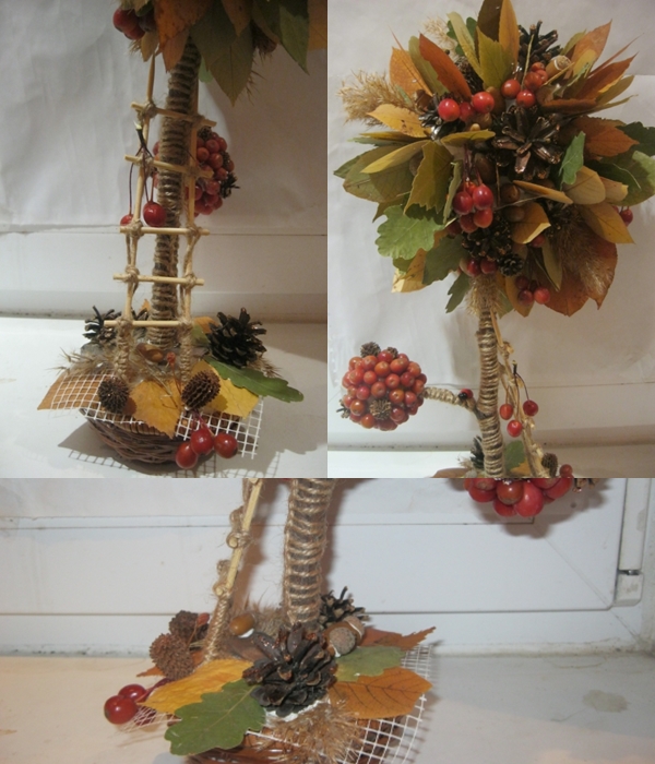 Осенний топиарий своими руками, из природных материалов, осенних листьев, шишек, пошагово, для детского сада