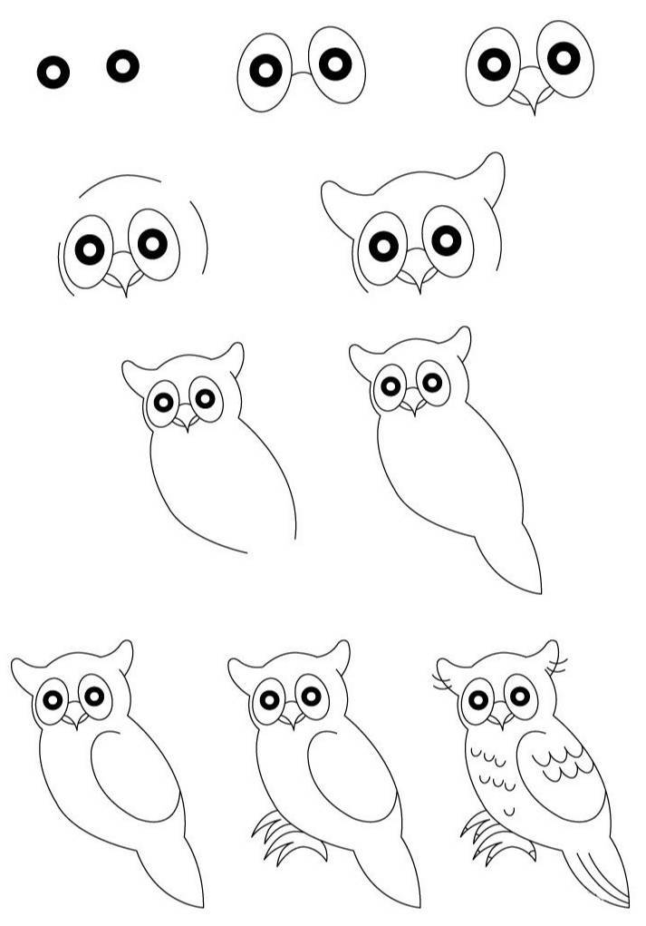 Как нарисовать сову карандашом поэтапно для начинающих и детей? как нарисовать красивую, мультяшную, умную сову в очках, голову совы?