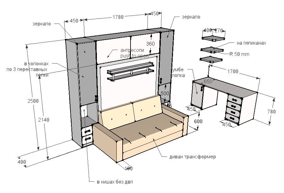Чертеж шкаф кровати
