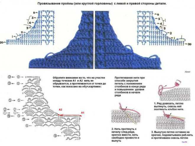 Как вязать пройму для начинающих. Схема убавки горловины крючком. Схема вывязывания проймы рукава крючком. Схема вязания оката рукава крючком. Вывязывание проймы крючком схема.
