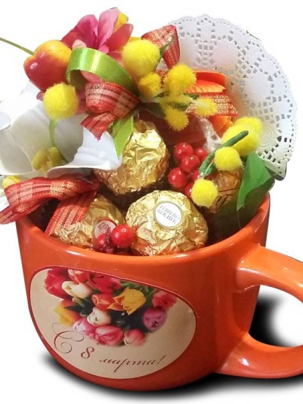 Подарок на 8 марта коллегам по работе: каждой по кружке цветов и конфет!