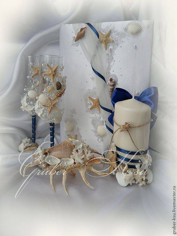 Свадебные аксессуары своими руками: бокалы, тарелки и ракушка под кольца в морском стиле