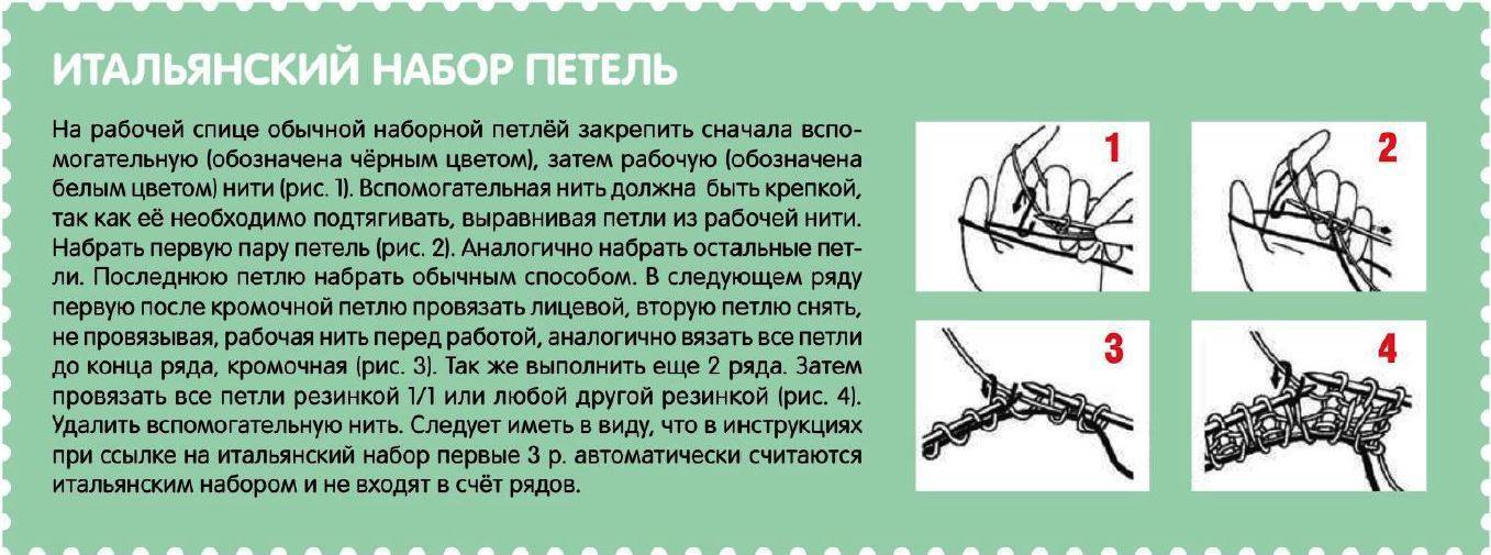 Итальянский набор петель спицами: варианты для кругового вязания
