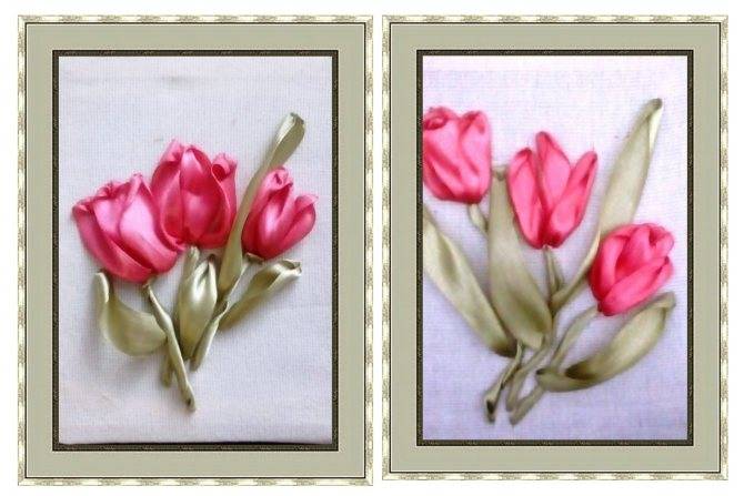 Вышивка лентами: роскошные тюльпаны из широкой ленты