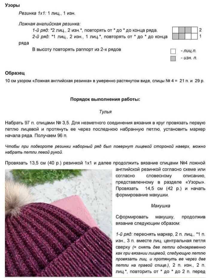 Шапка-бини спицами.