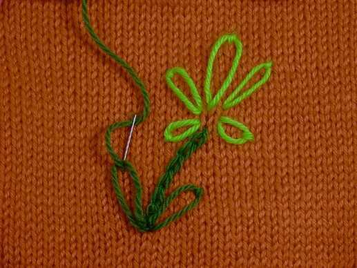 Вышивка по вязаному полотну: виды вязальных швов; мастер класс по вышивке узоров с завитками на детской кофточке; выполнение цветов на вязаном полотне