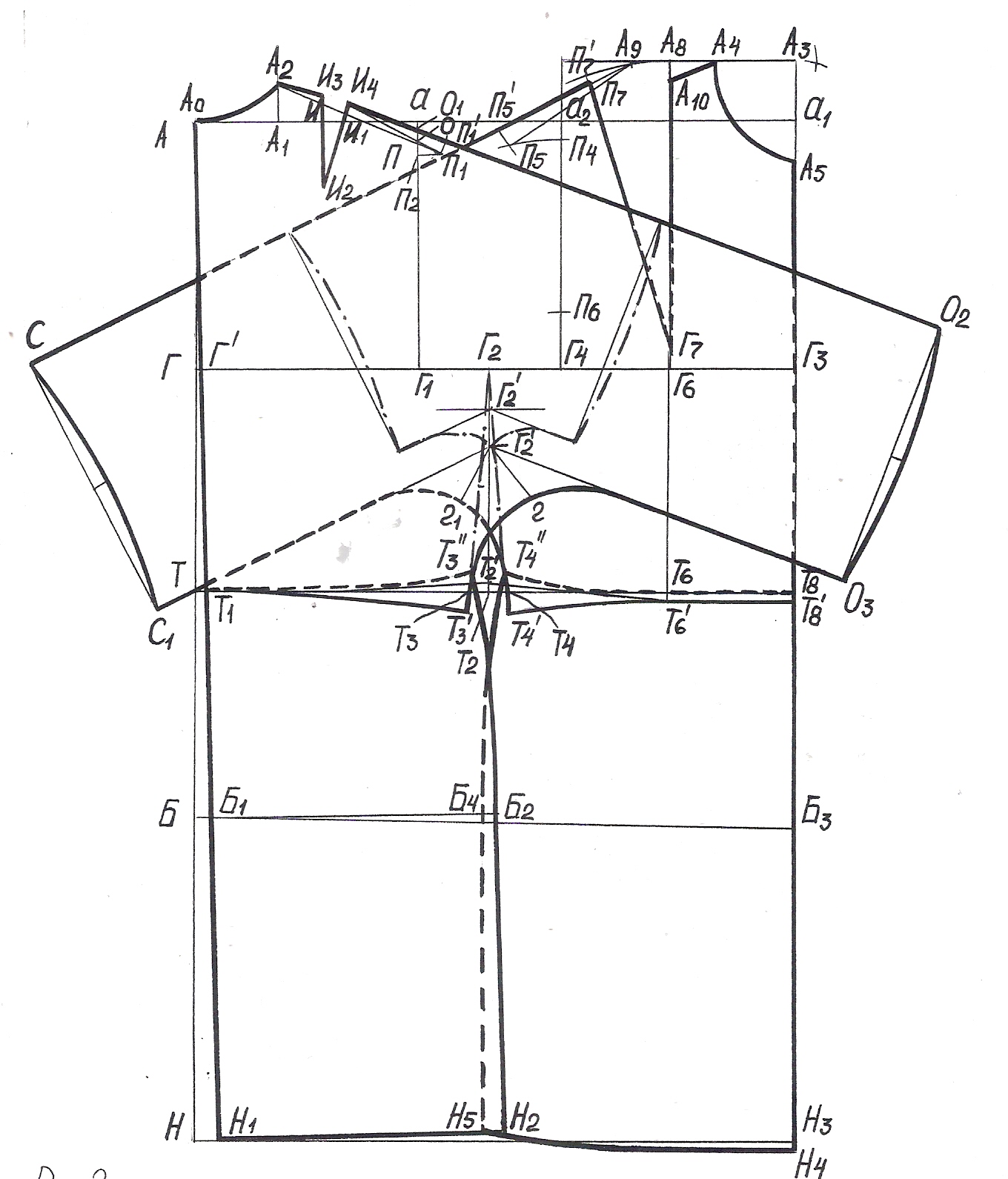 Выкройка чертежа швейного изделия с цельнокроеным рукавом строится одновременно для спинки и переда
