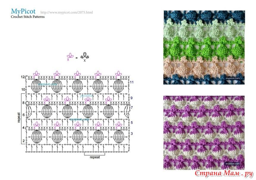 Двухцветные узоры крючком со схемами простые и красивые